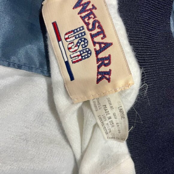 Y2K SATIN VARSITY BOMBER JACKET WESTSTARK TRENDY  SZ L BLUE/YELLOW MADE IN USA - Picture 3 of 16